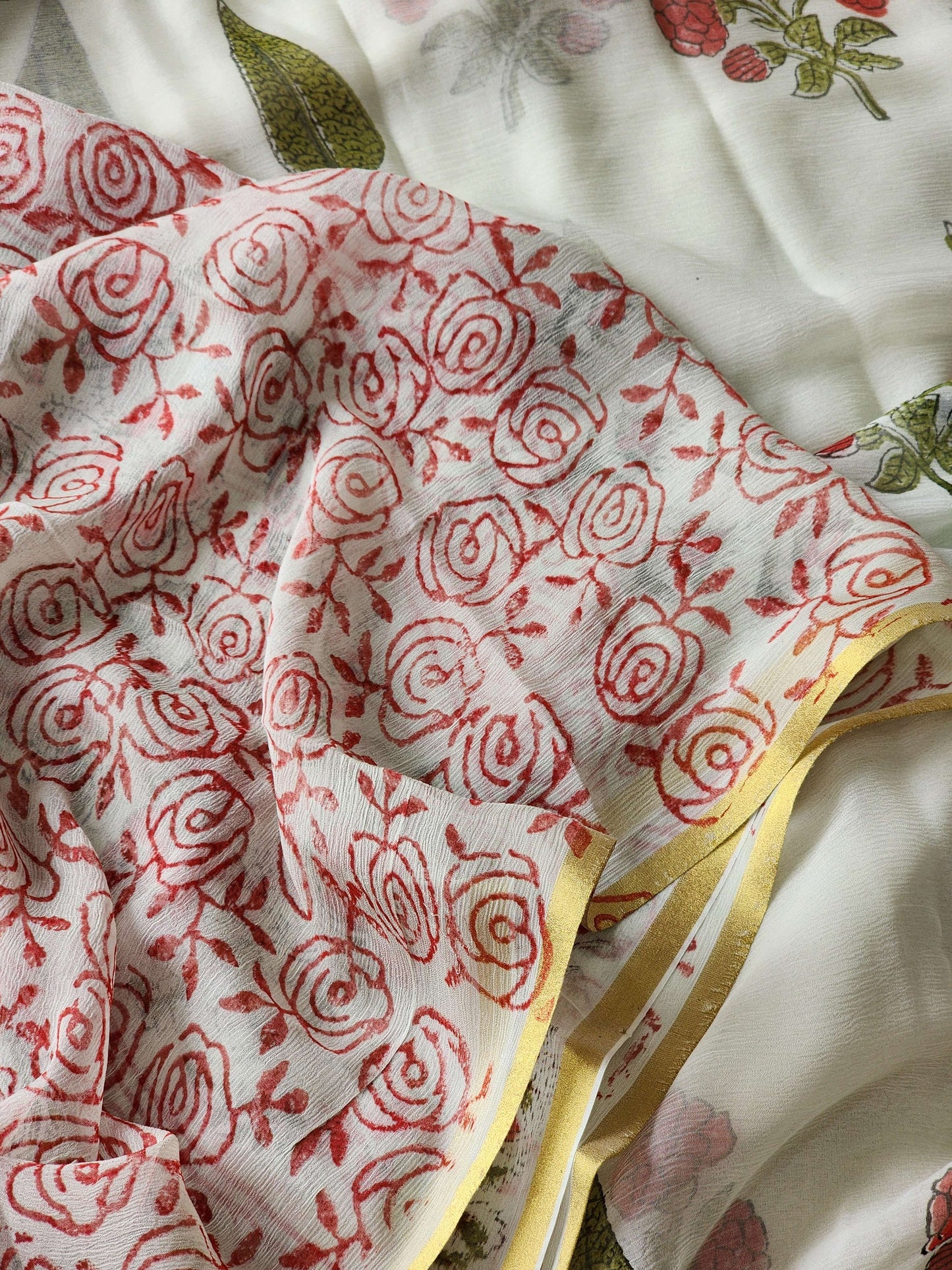 White Chiffon Handblock Saree