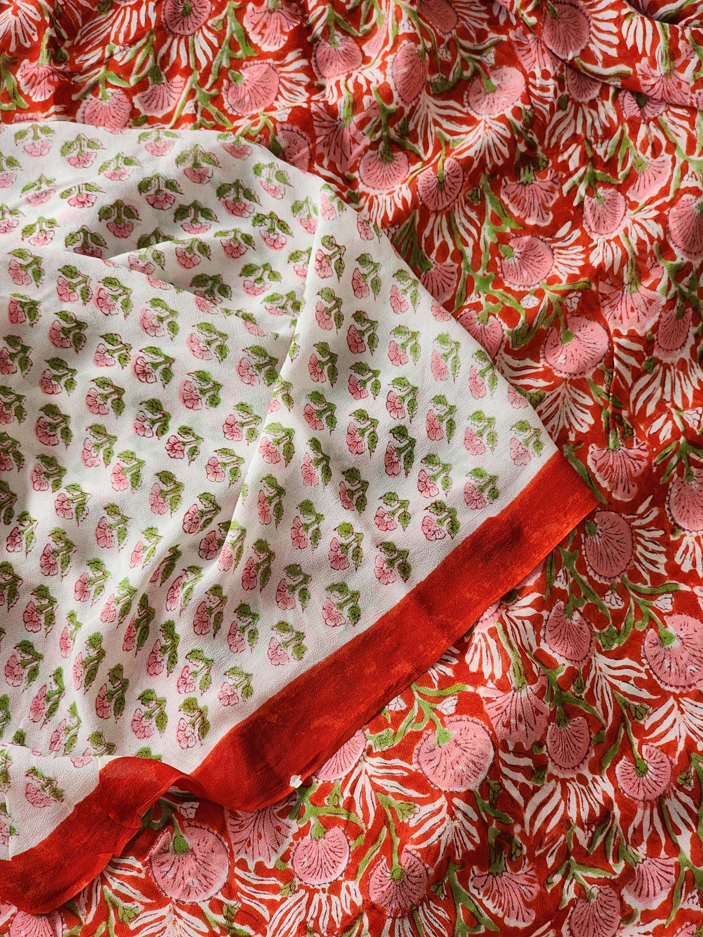 Red Georgette Handblock Saree