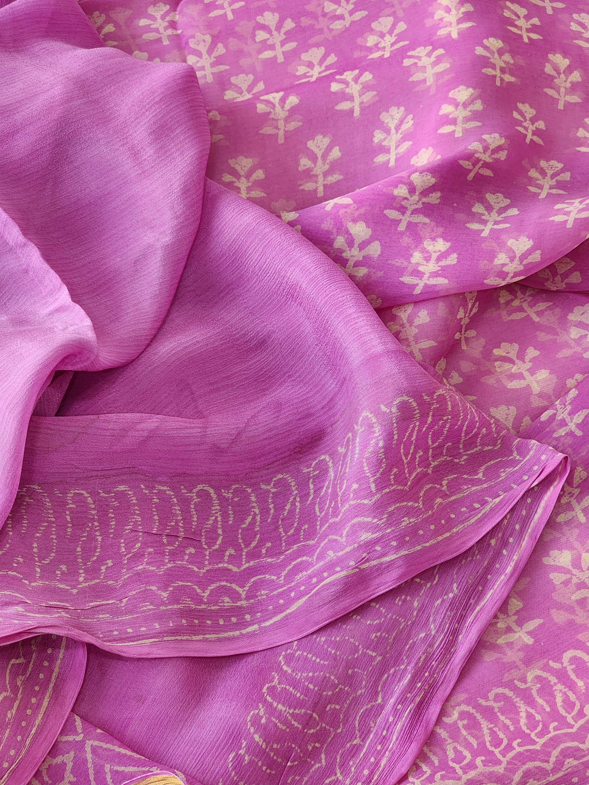 Purple Pink Chiffon Handblock Saree