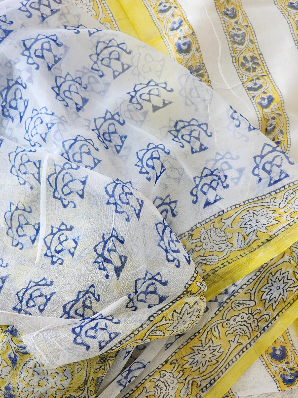 Lime Yellow Chiffon Handblock Saree