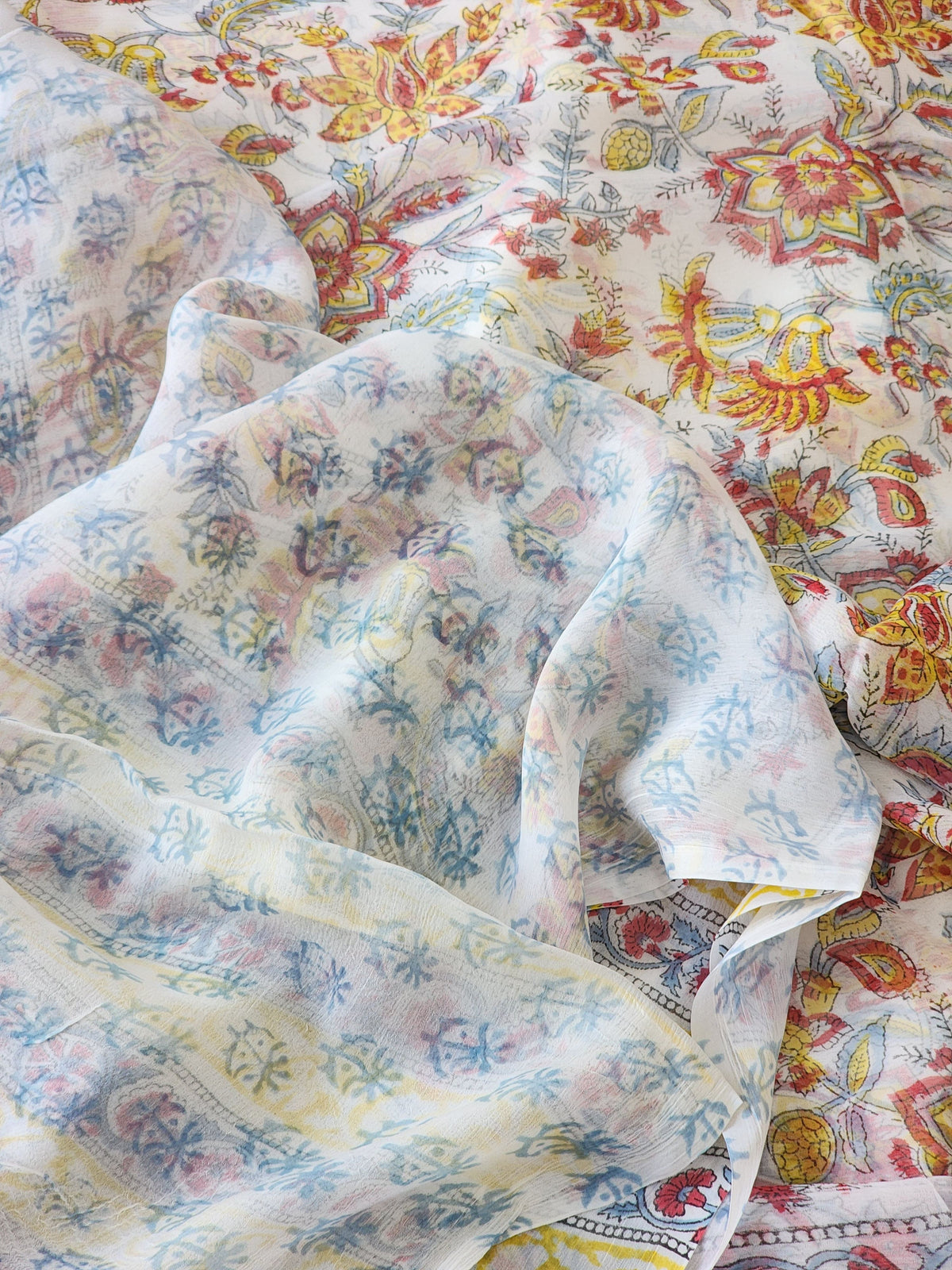 White Chiffon Handblock Saree