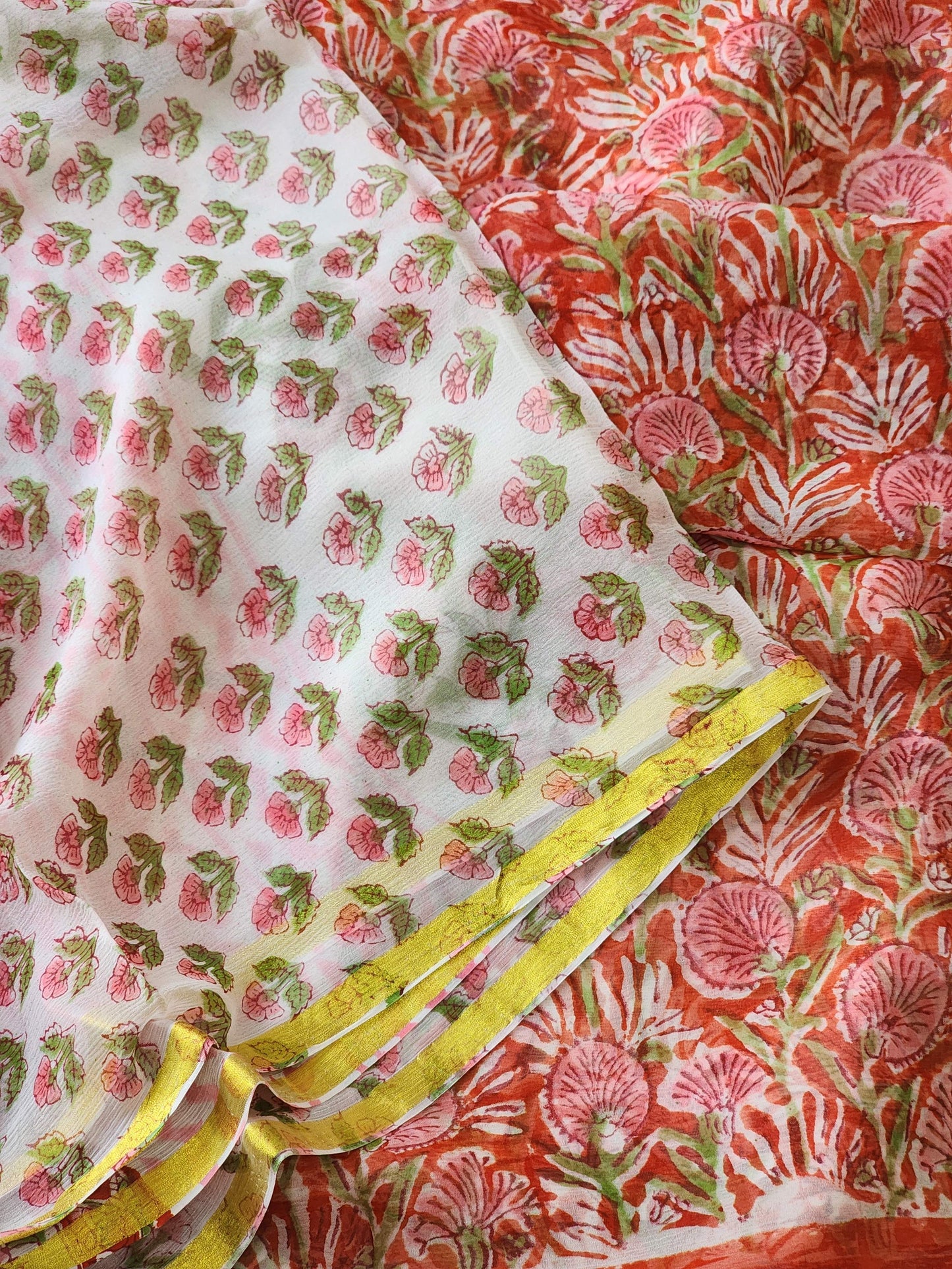 Orange Red Chiffon Handblock Saree
