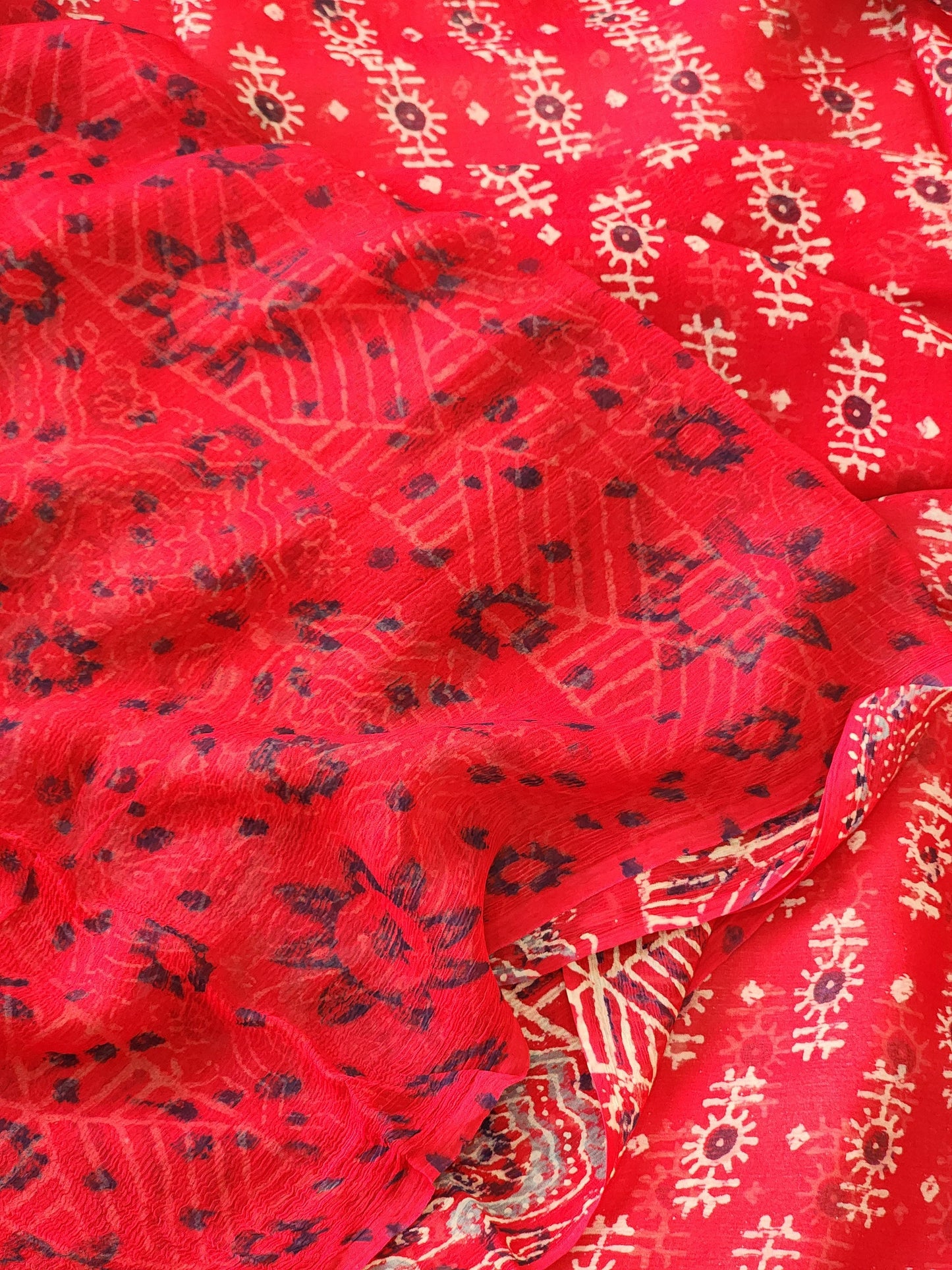 Red Chiffon Handblock Saree