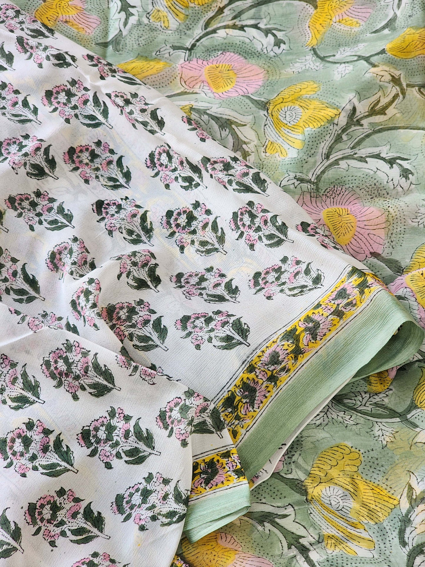 Mint Green Chiffon Handblock Saree