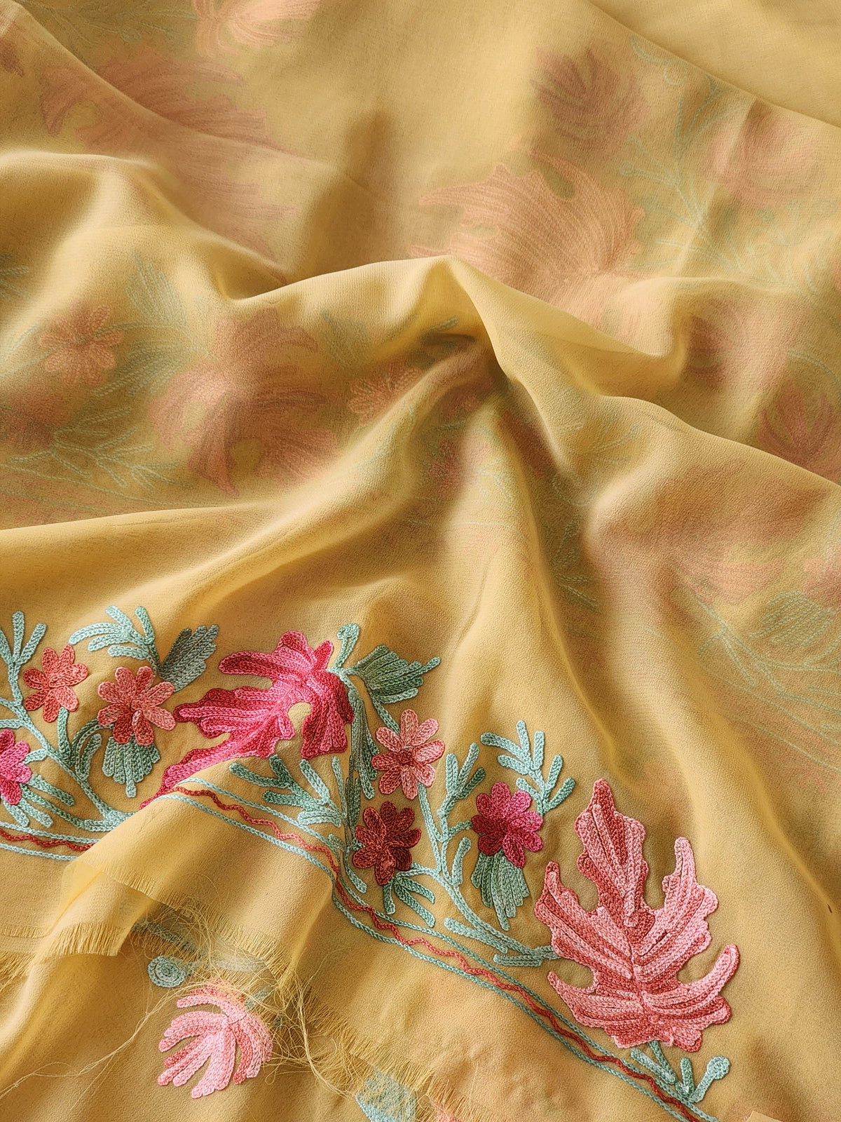 Mustard Georgette Kashmiri Woven Saree