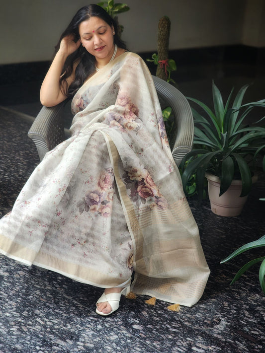 Cream semi linen saree