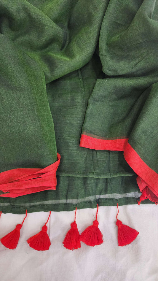 Dark green mulmul cotton saree