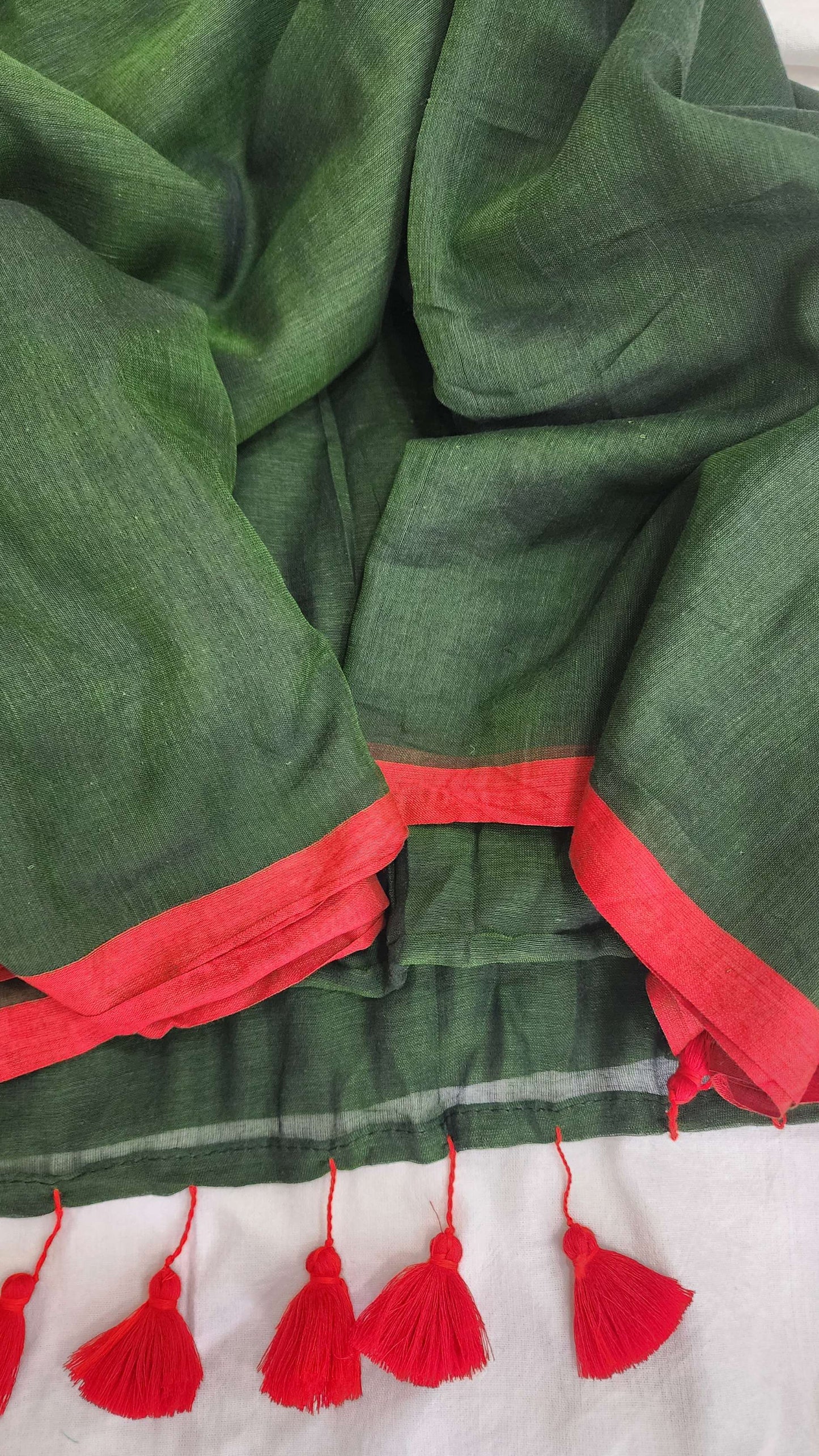 Dark green mulmul cotton saree