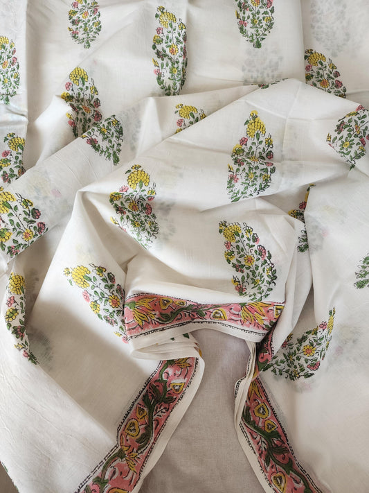 White handblock cotton saree