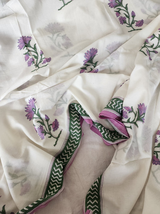 White handblock cotton saree