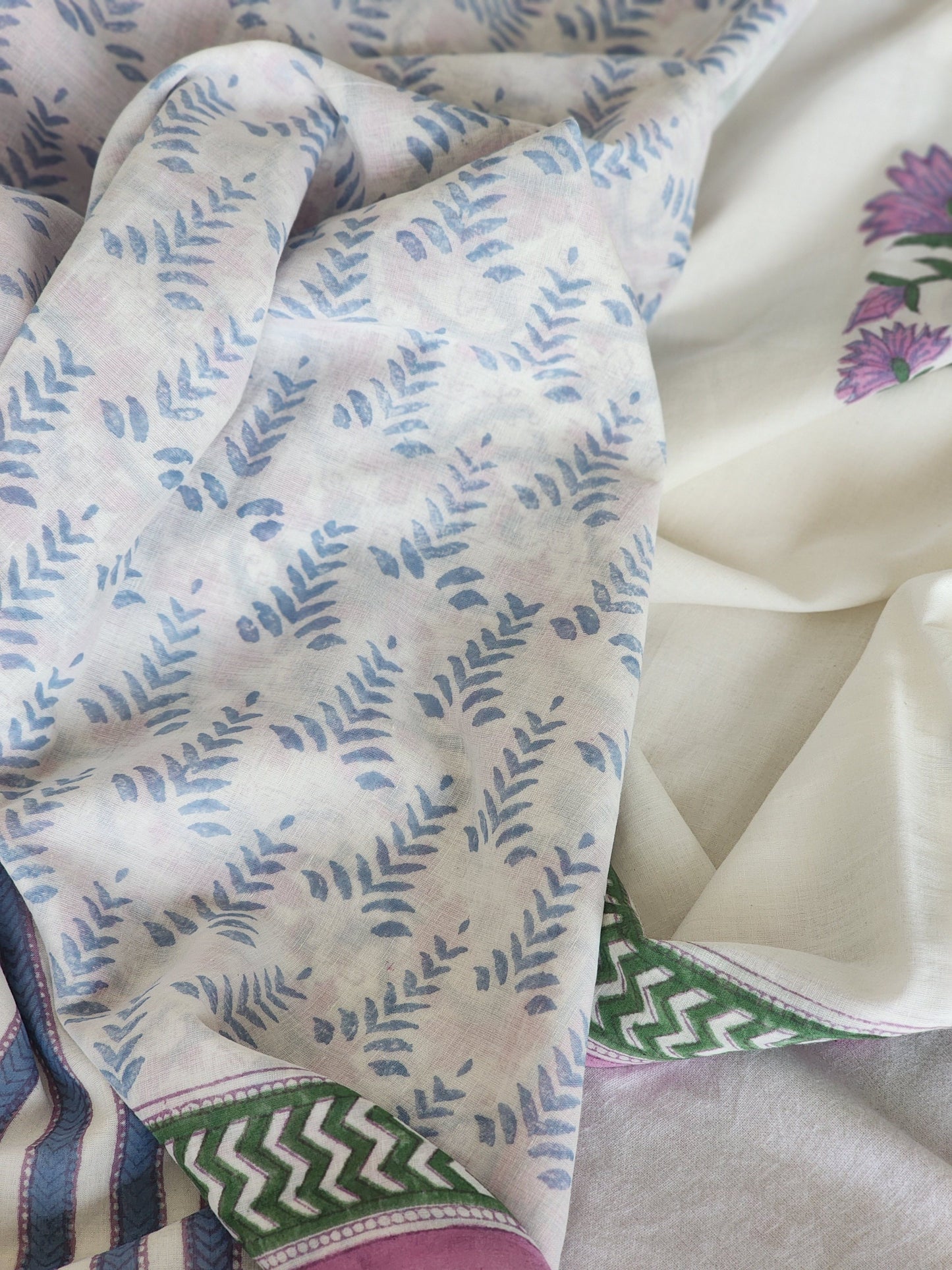 White handblock cotton saree