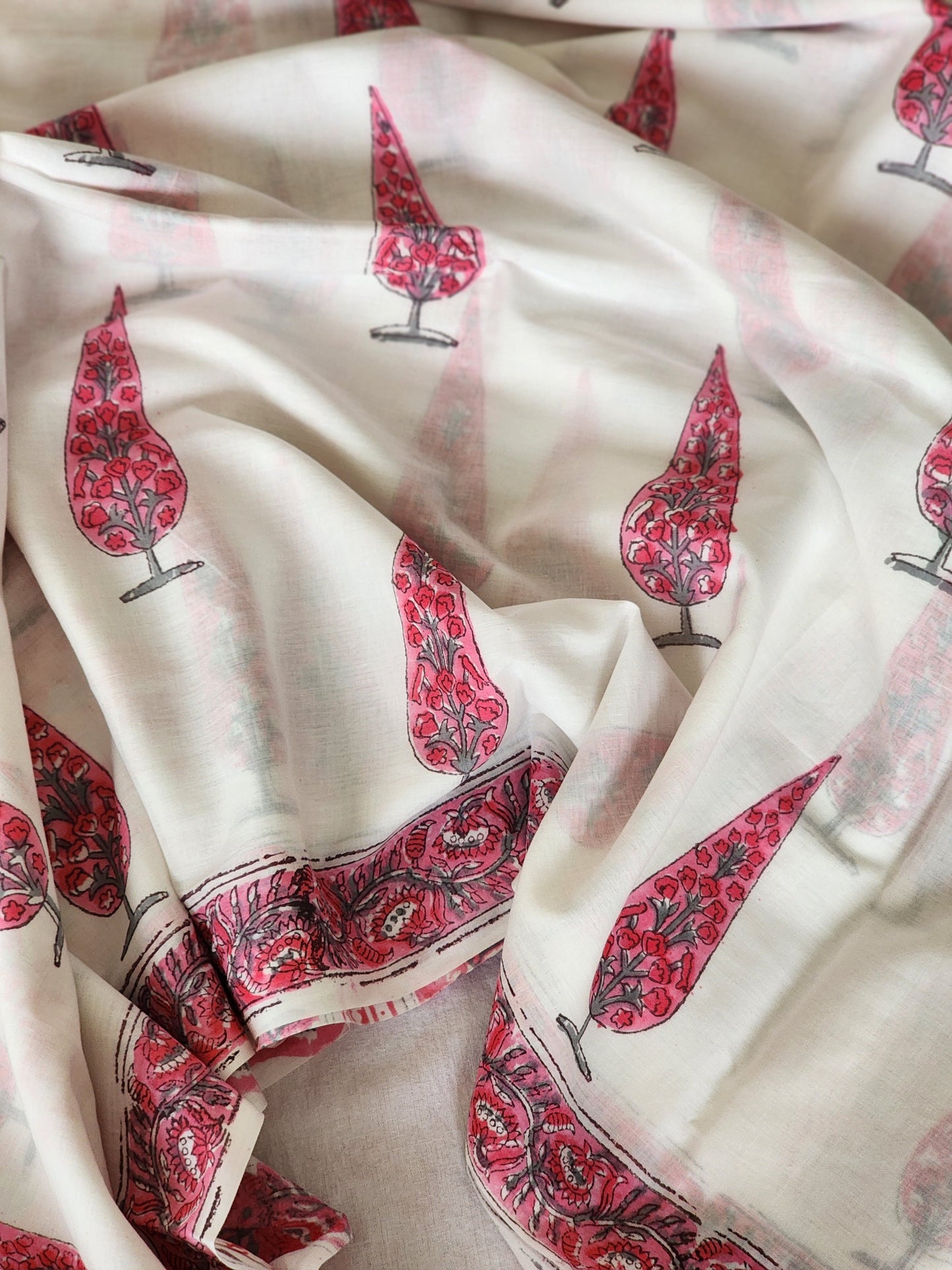 White handblock cotton saree