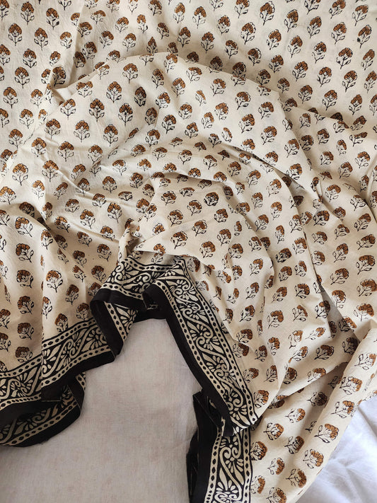 Cream handblock cotton saree