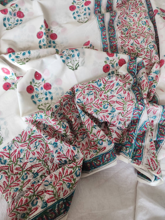 White handblock cotton saree