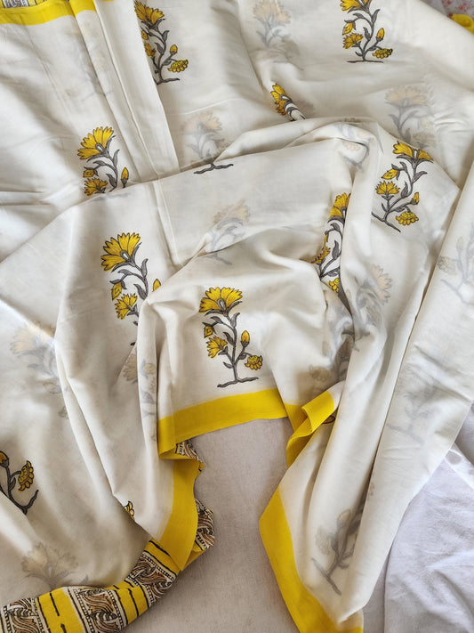 White handblock cotton saree