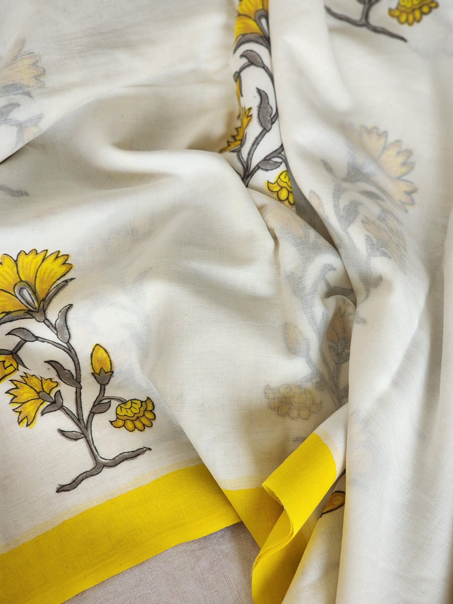 White handblock cotton saree