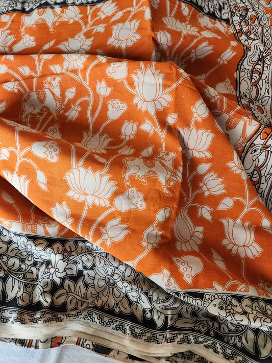 Orange Kalamkari Cotton Saree