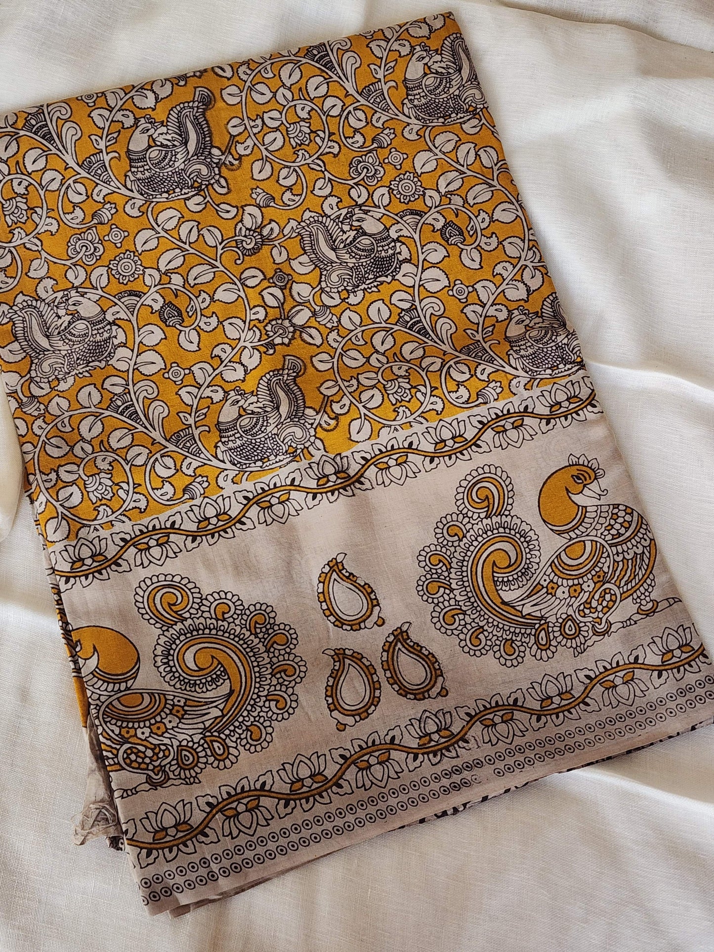 Mustard Kalamkari Cotton Saree