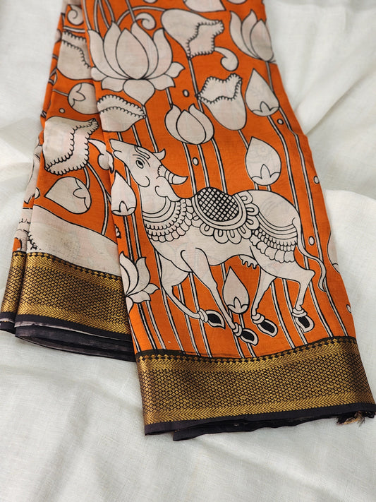 Orange Kalamkari Silk Saree