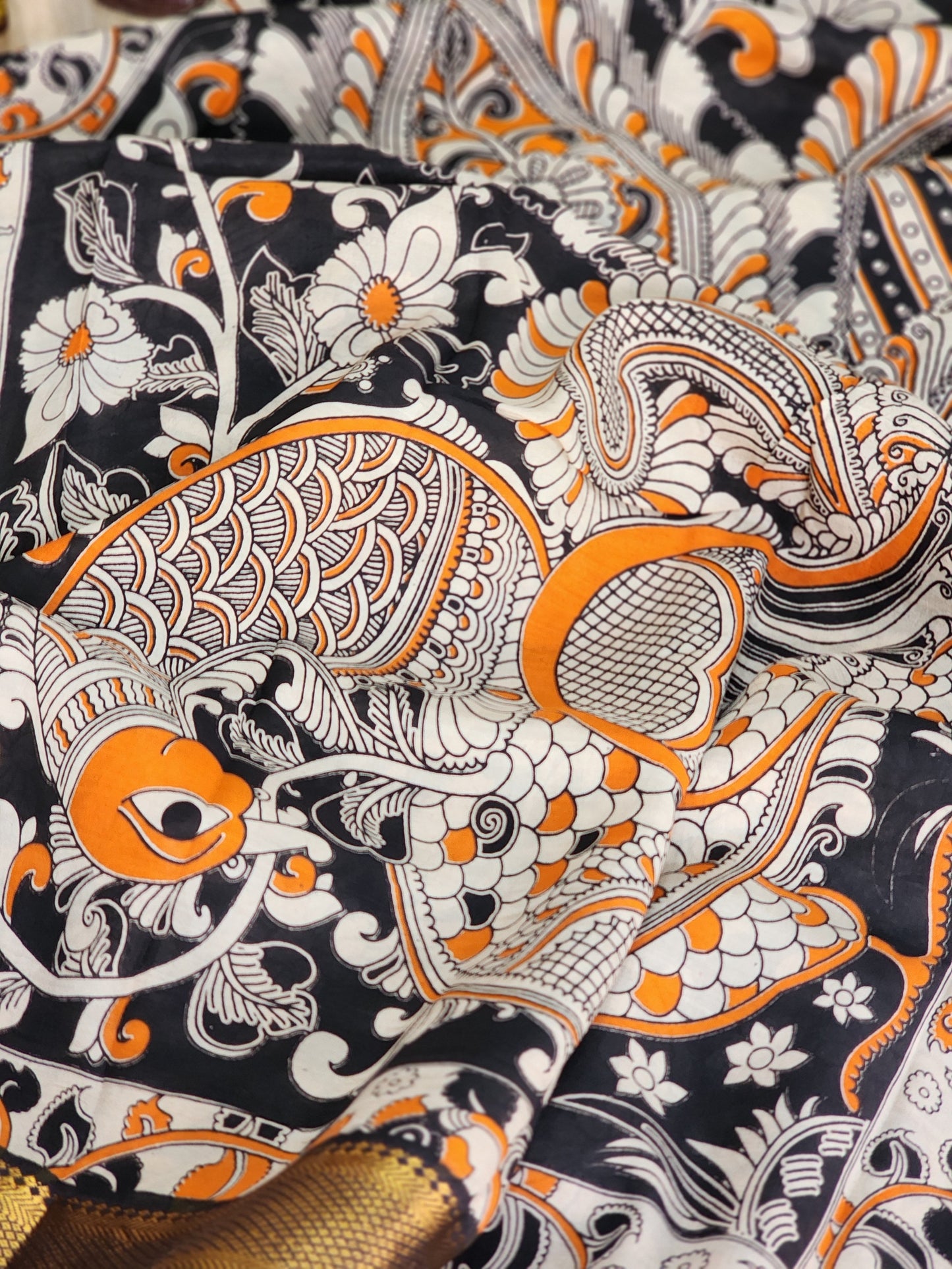 Orange Kalamkari Silk Saree