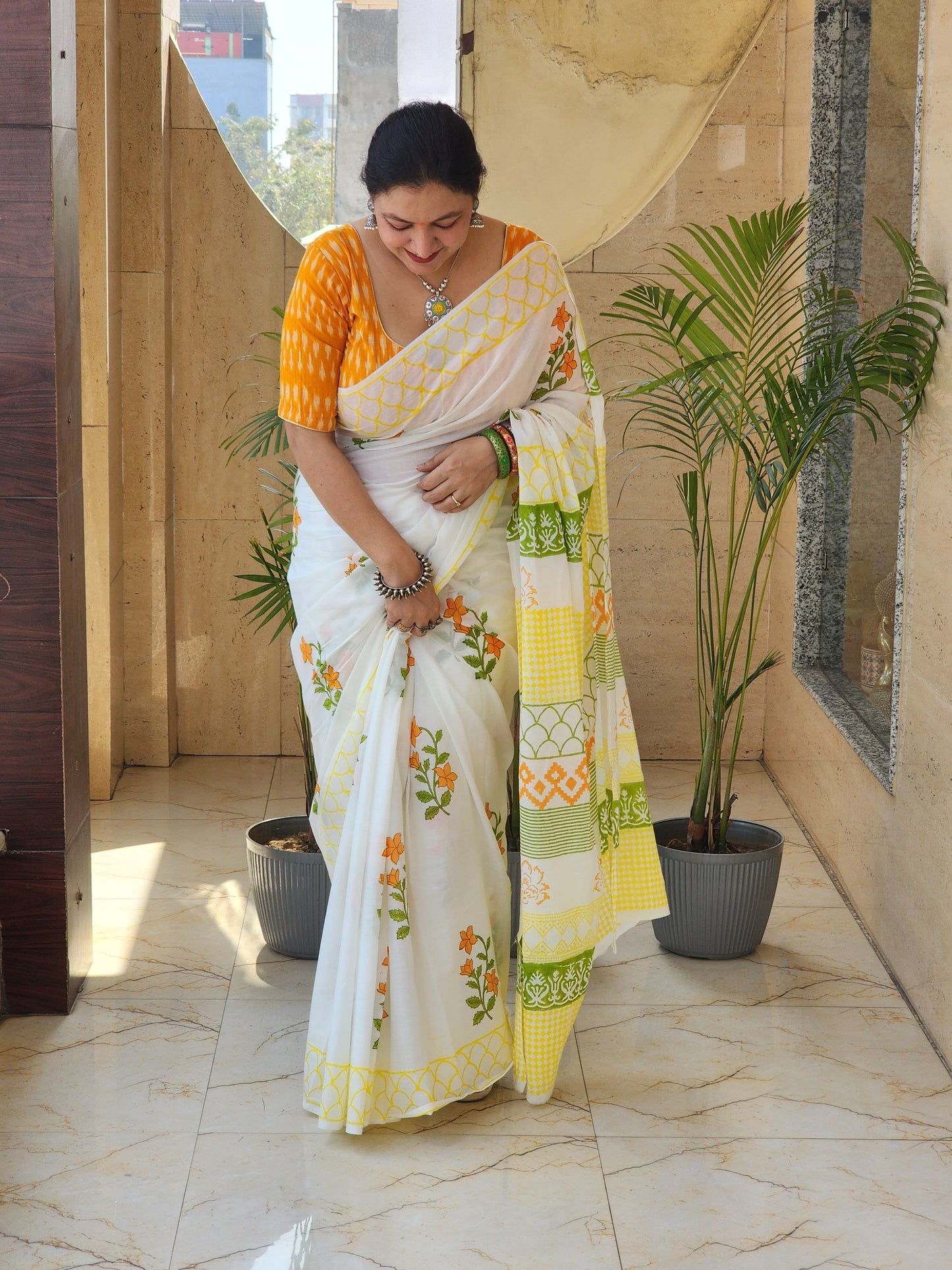 White handblock cotton saree