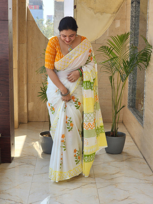 White handblock cotton saree