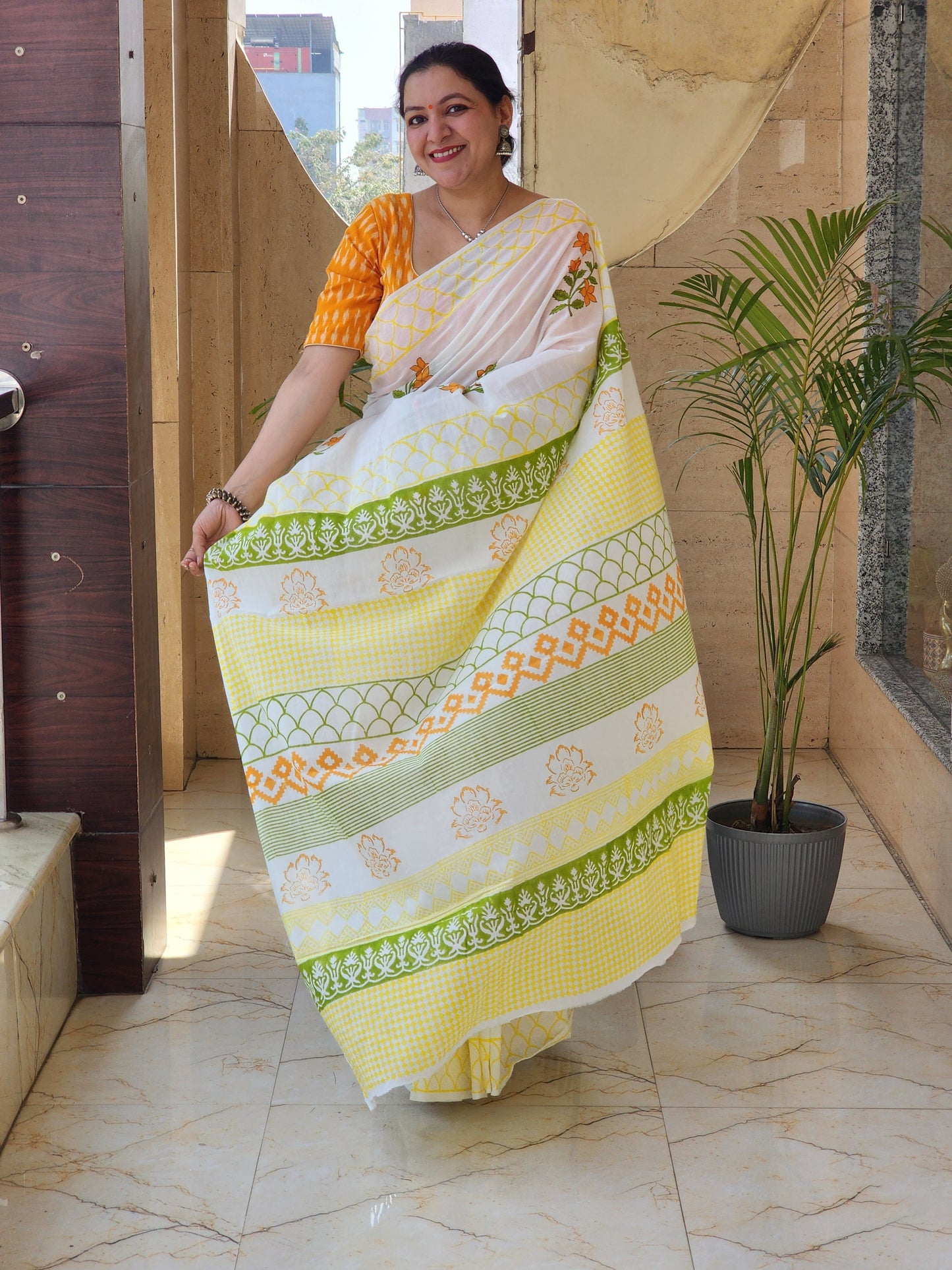 White handblock cotton saree