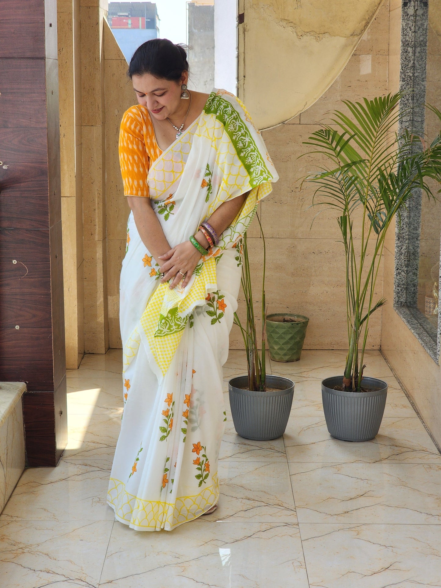 White handblock cotton saree