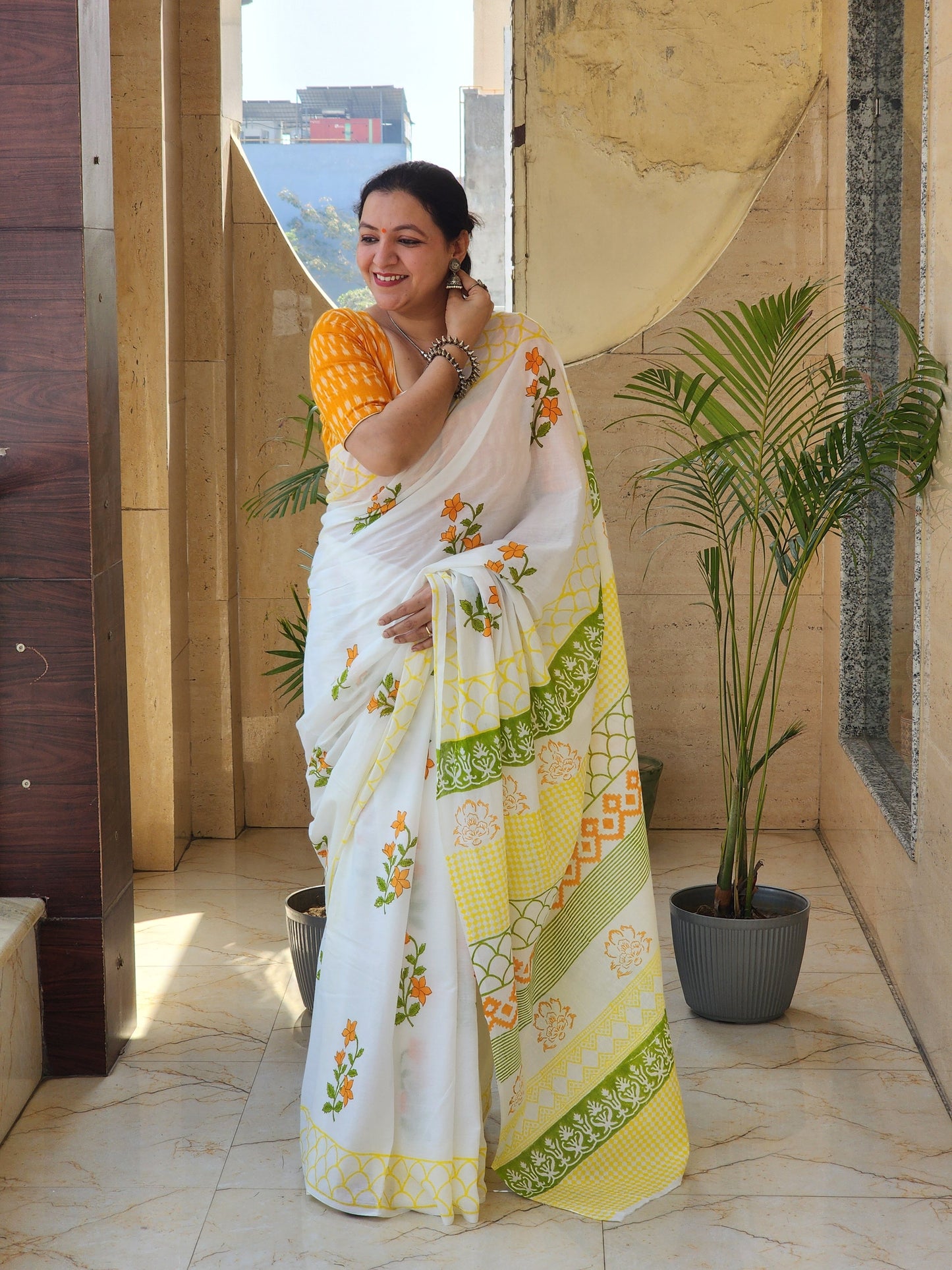 White handblock cotton saree