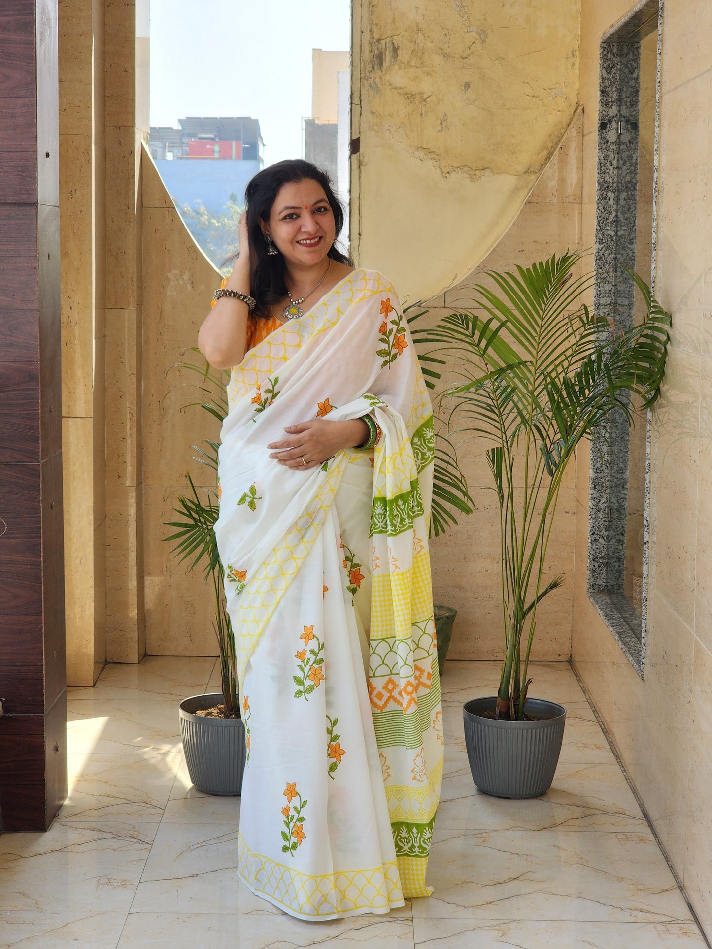 White handblock cotton saree