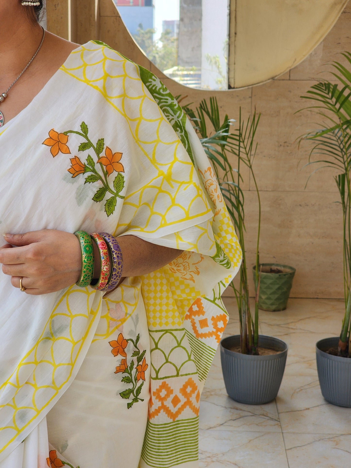 White handblock cotton saree