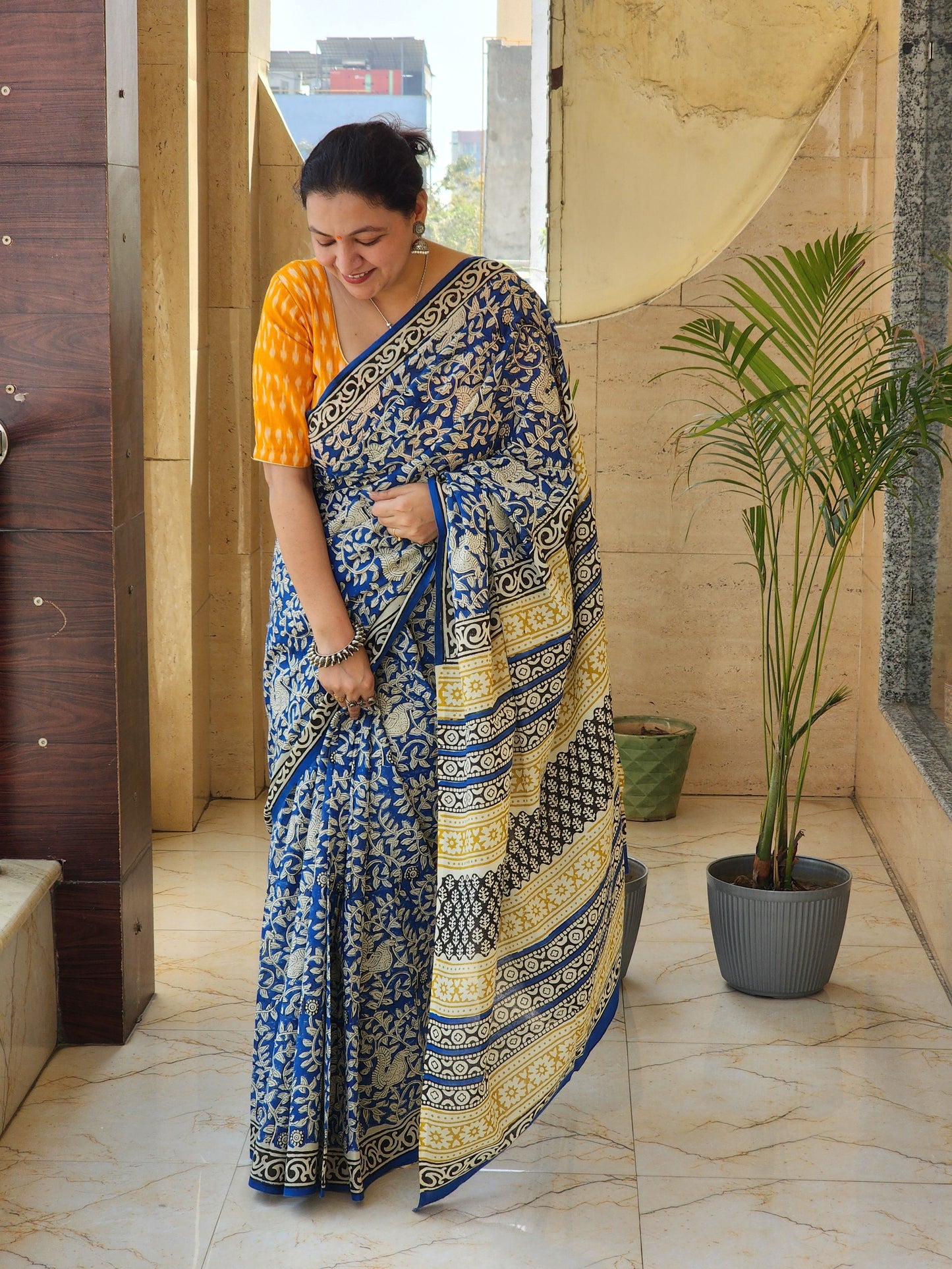 Blue handblock cotton saree