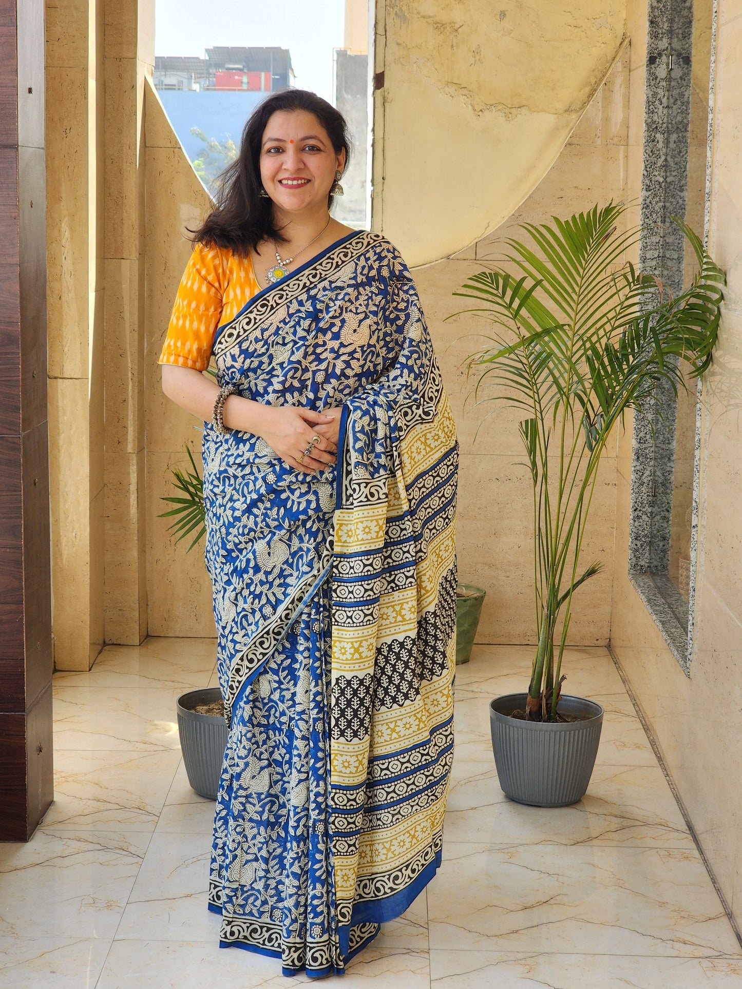 Blue handblock cotton saree