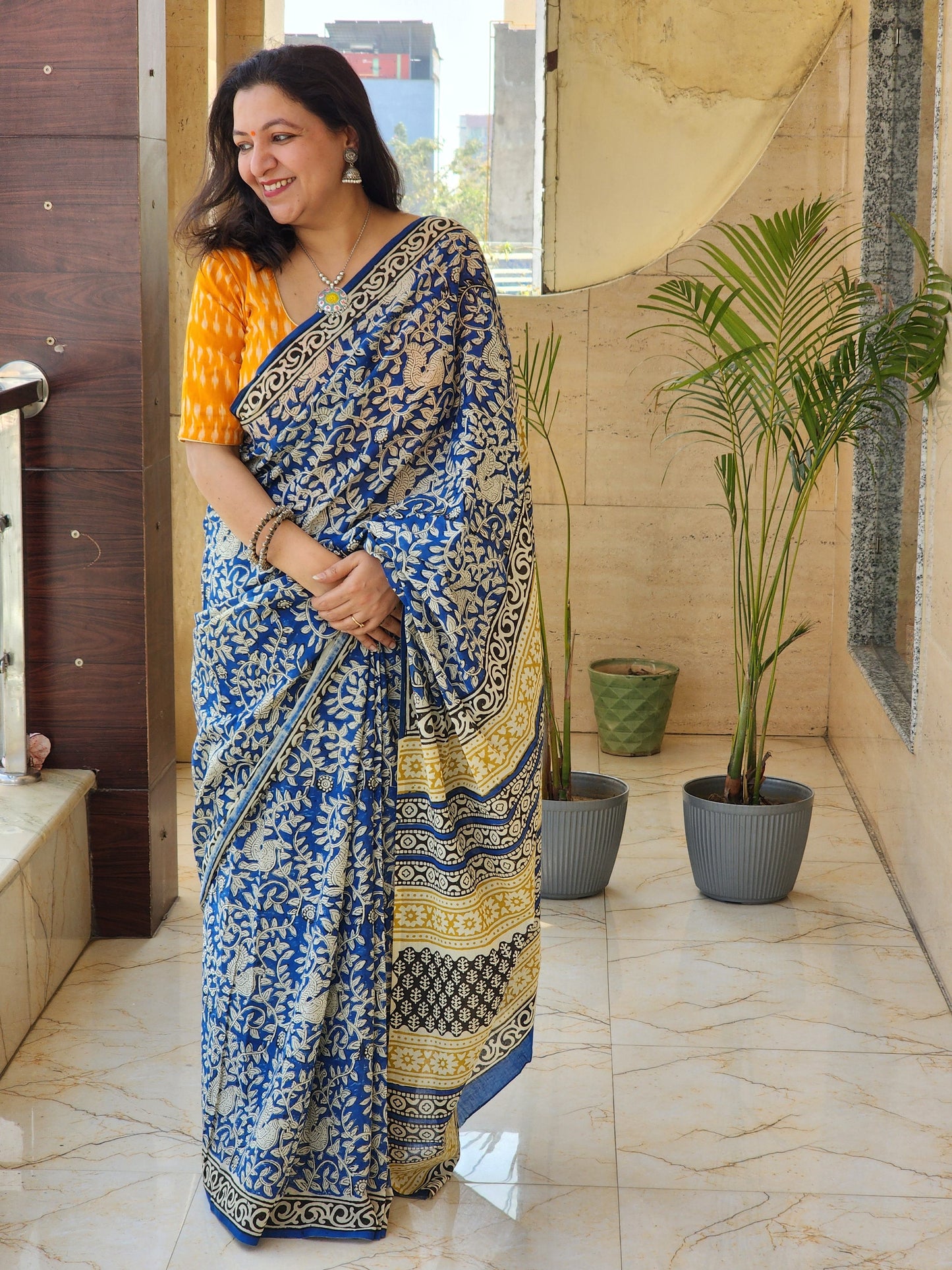 Blue handblock cotton saree