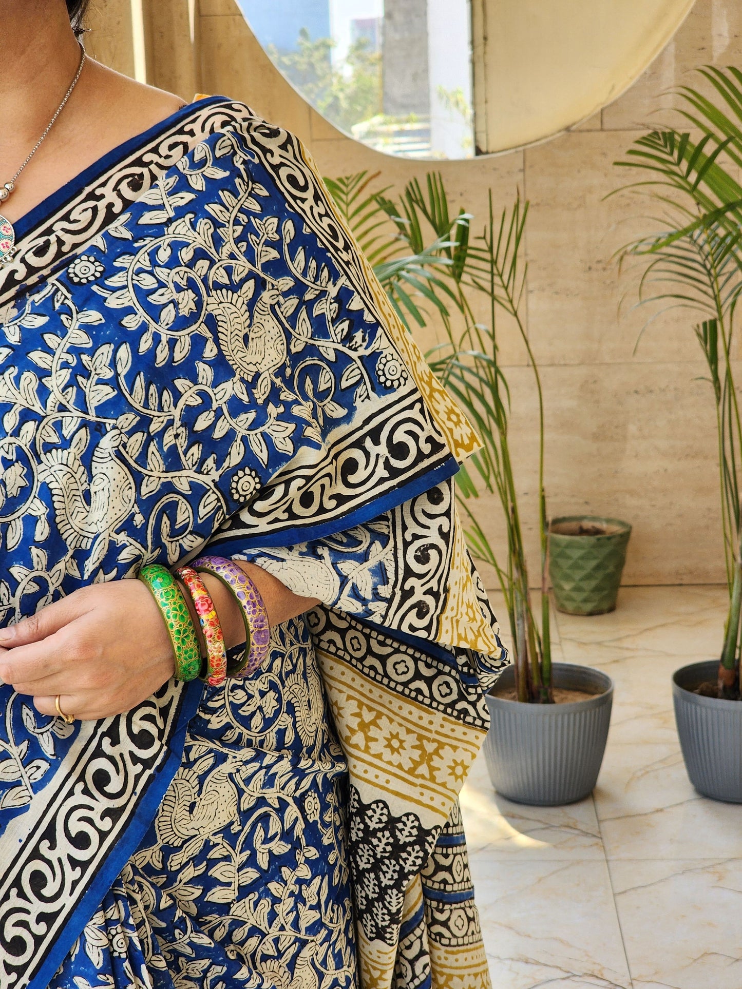 Blue handblock cotton saree