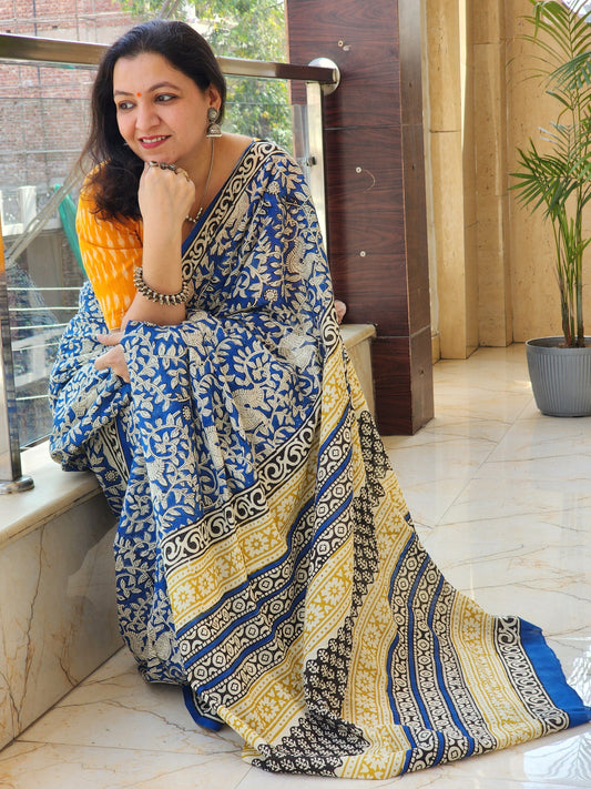 Blue handblock cotton saree