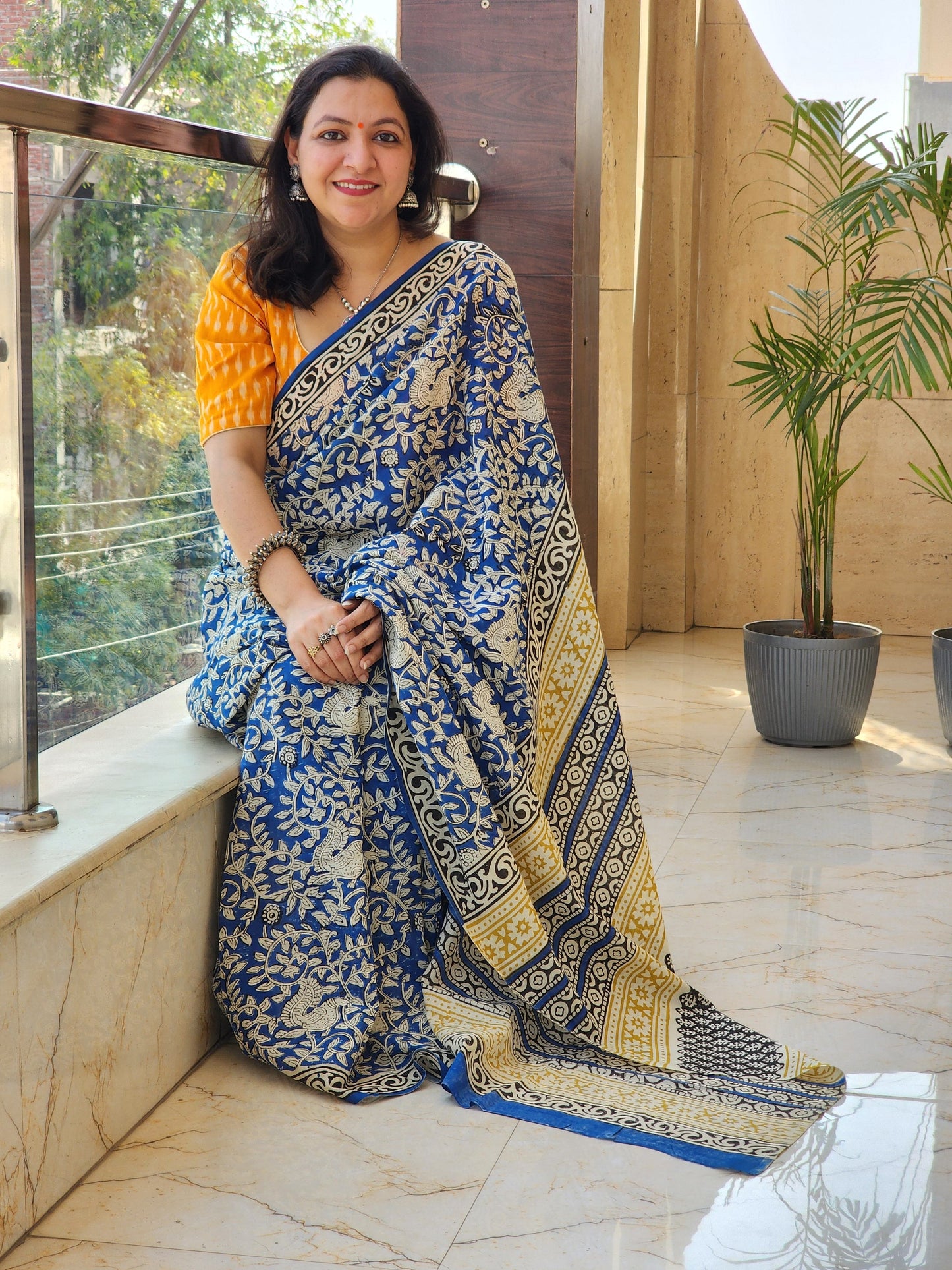 Blue handblock cotton saree