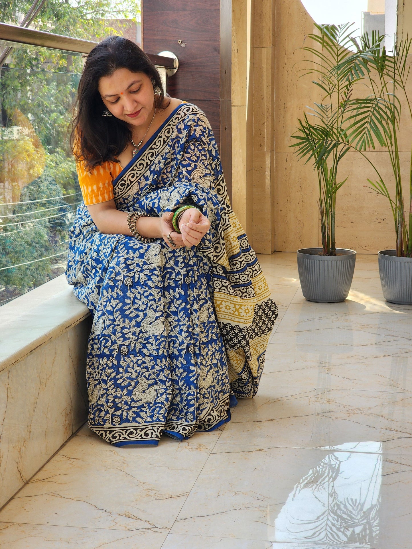 Blue handblock cotton saree