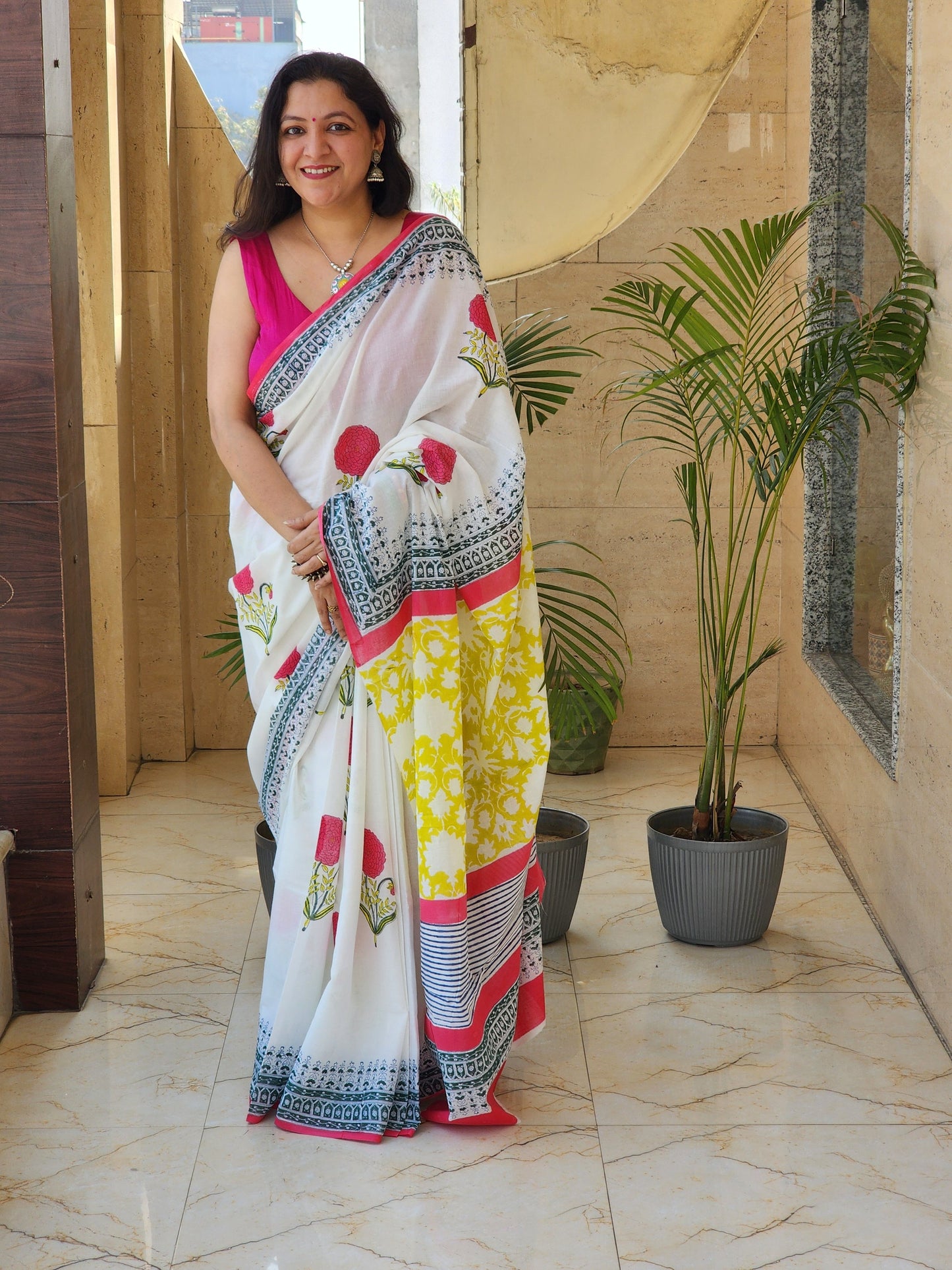 White handblock cotton saree