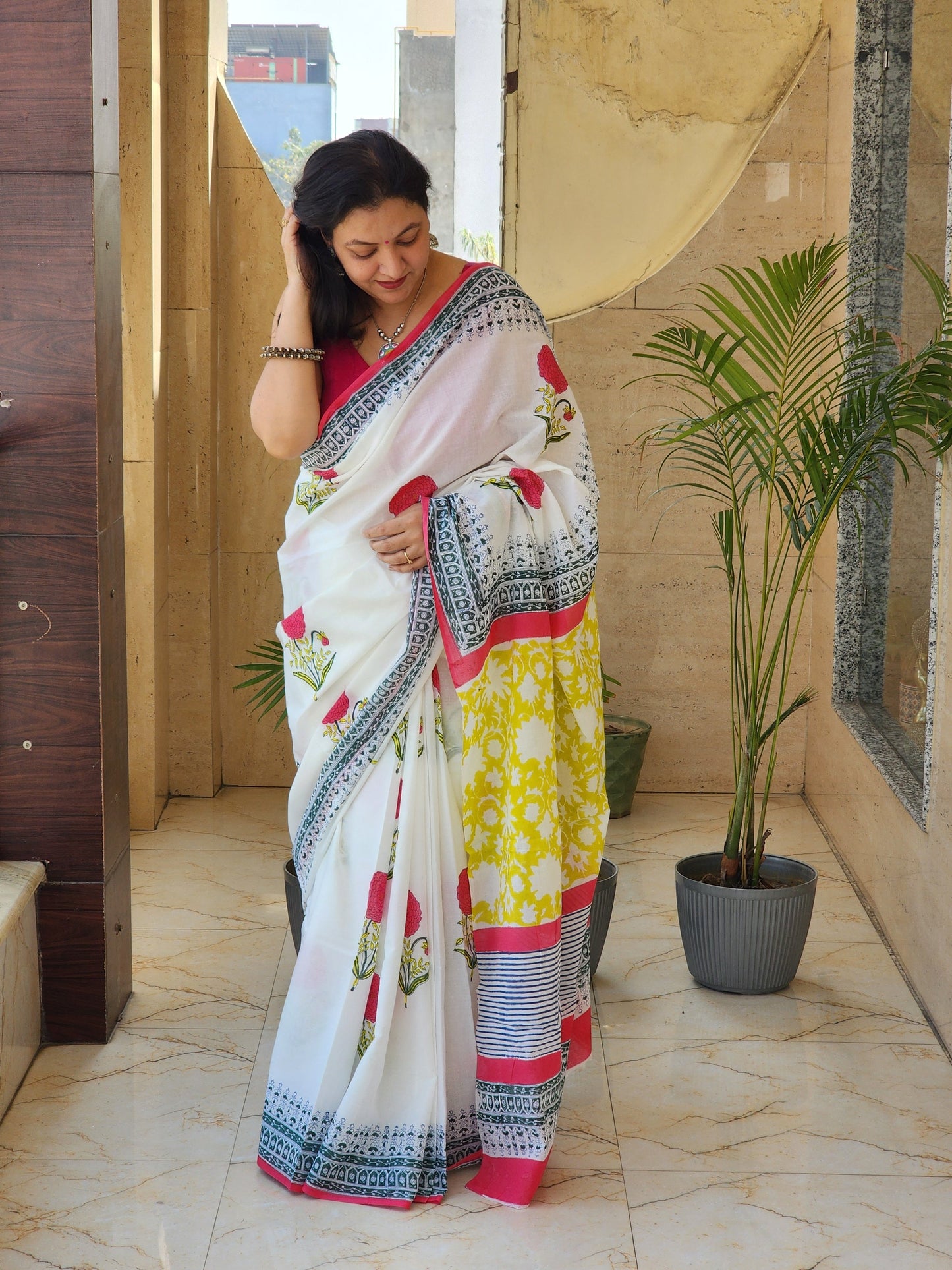 White handblock cotton saree