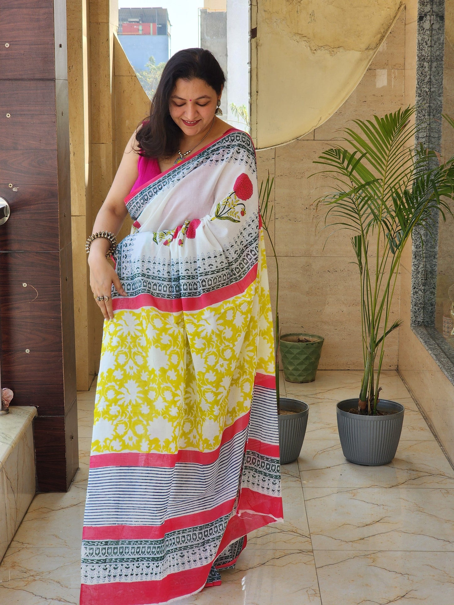 White handblock cotton saree