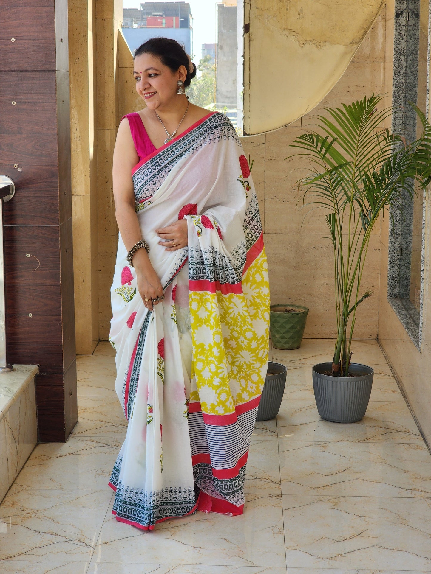 White handblock cotton saree