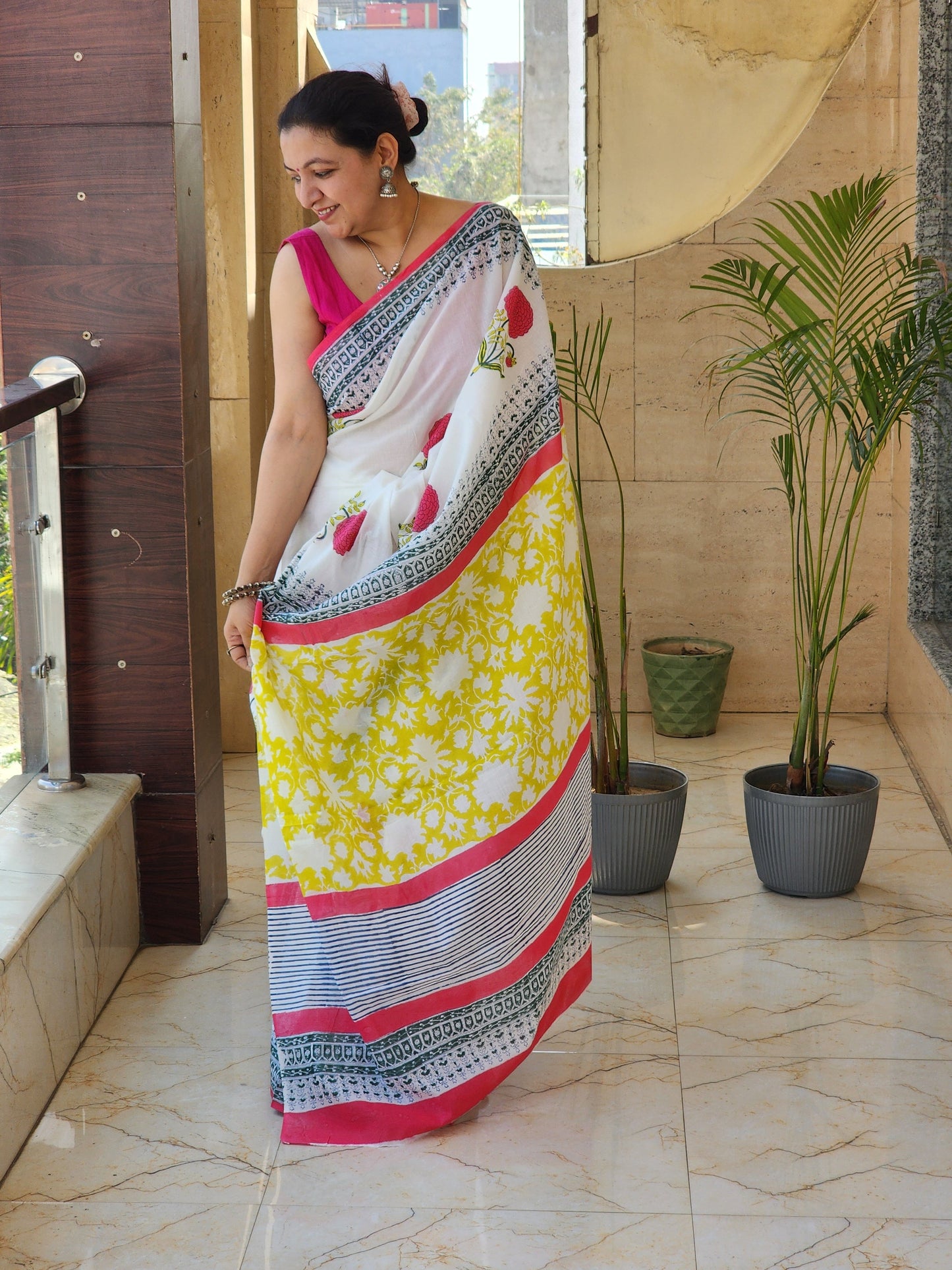 White handblock cotton saree