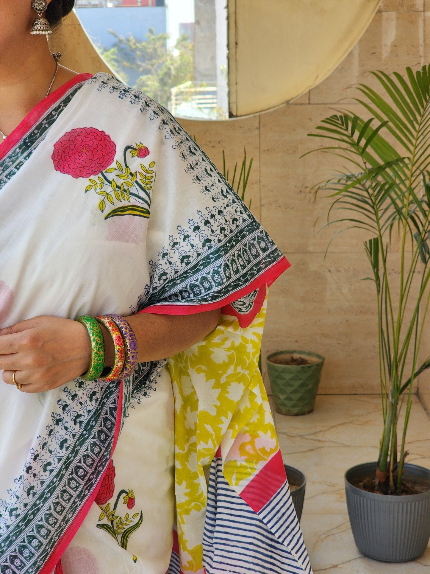 White handblock cotton saree