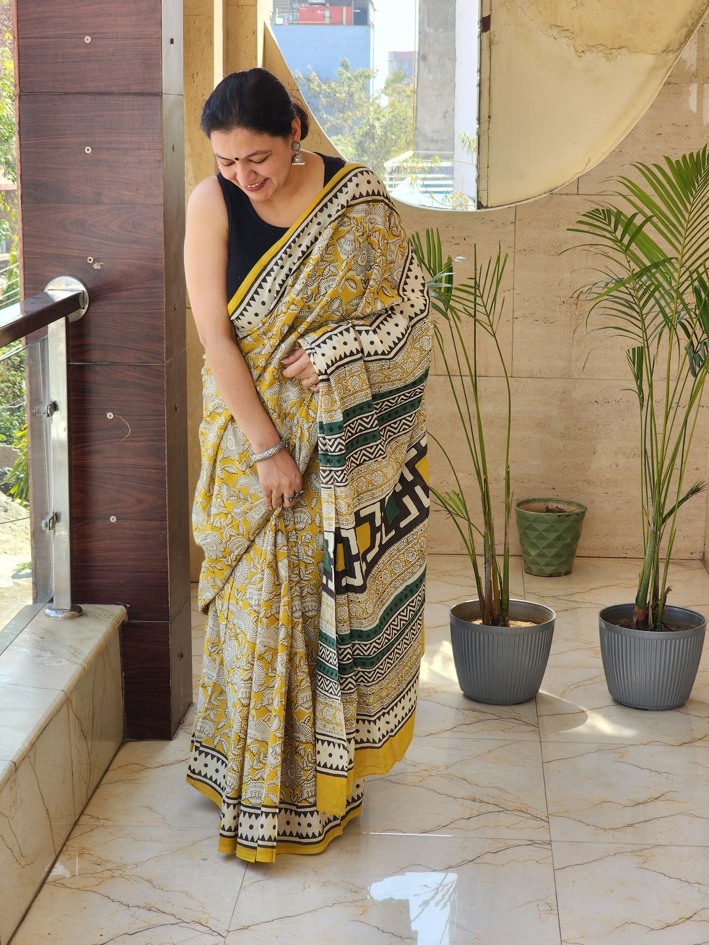Mustard handblock cotton saree