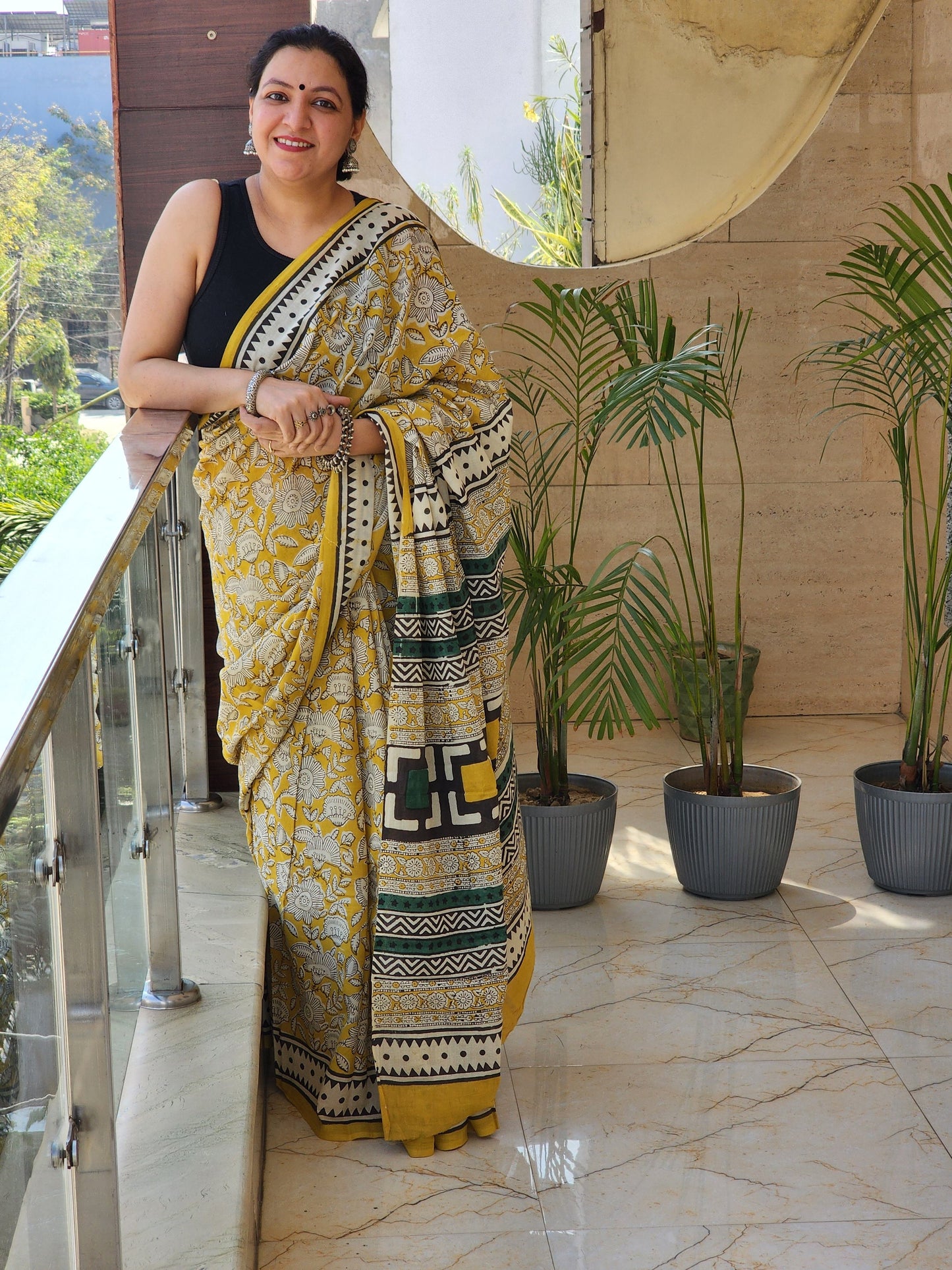 Mustard handblock cotton saree