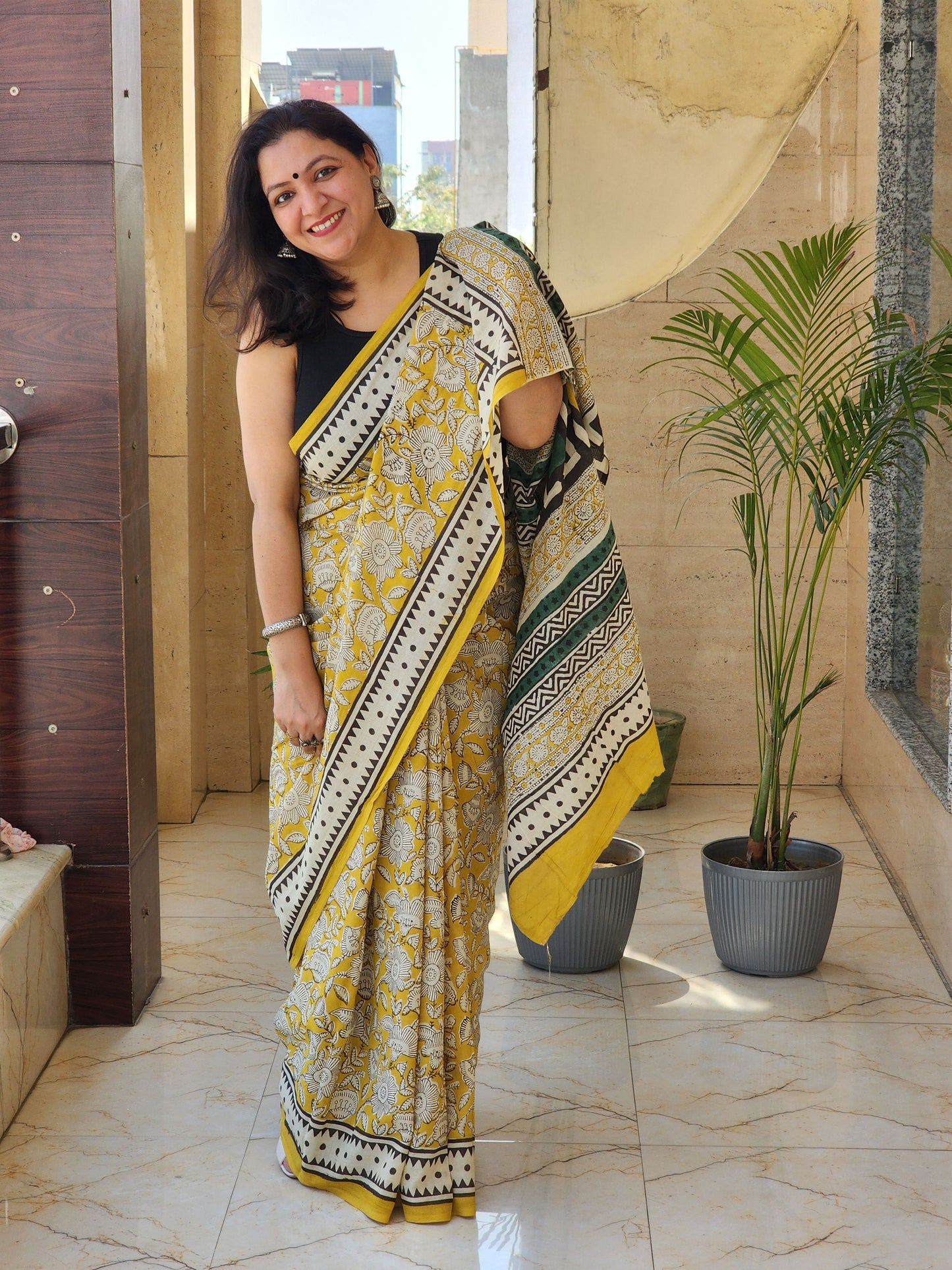 Mustard handblock cotton saree
