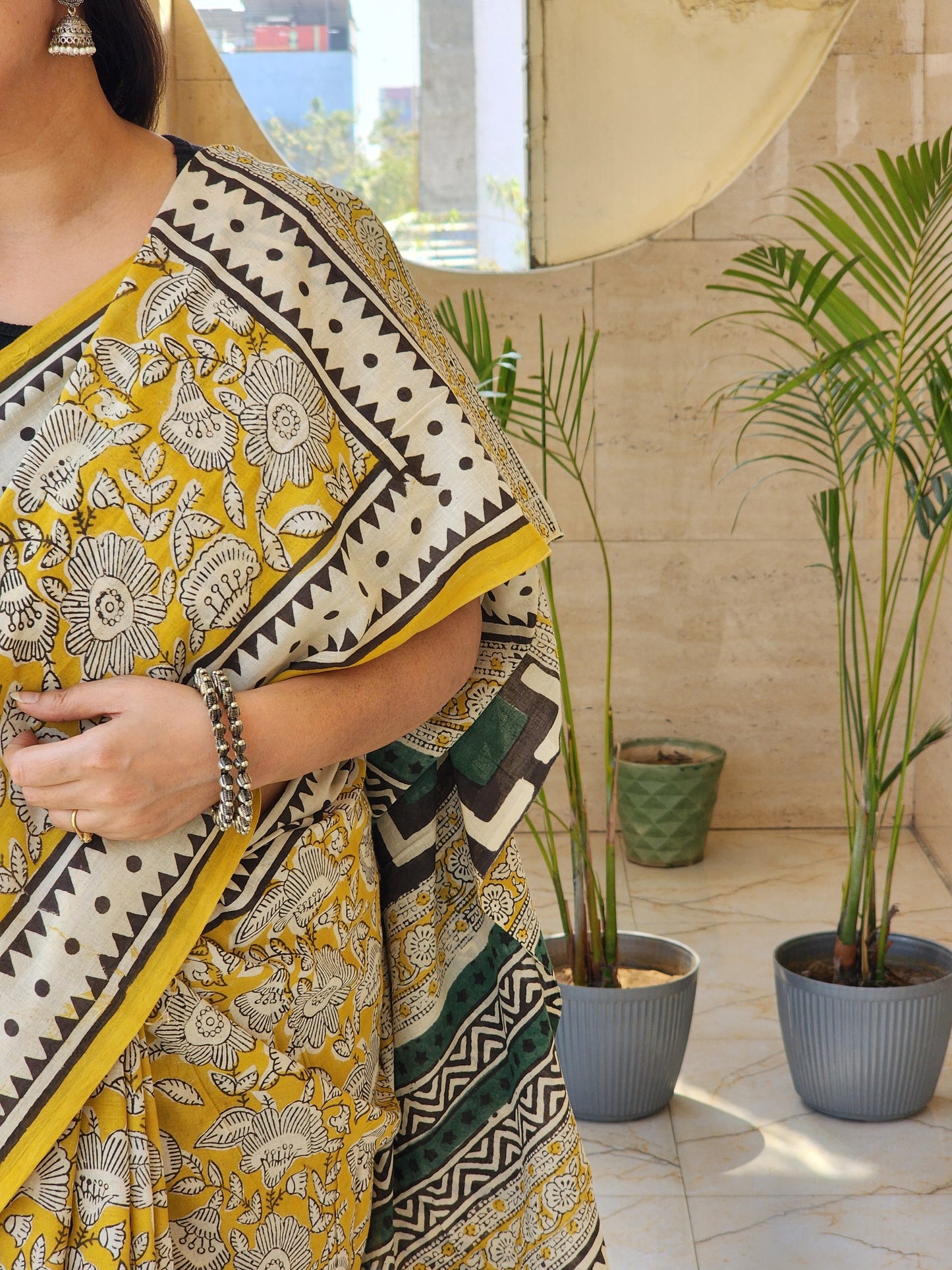 Mustard handblock cotton saree