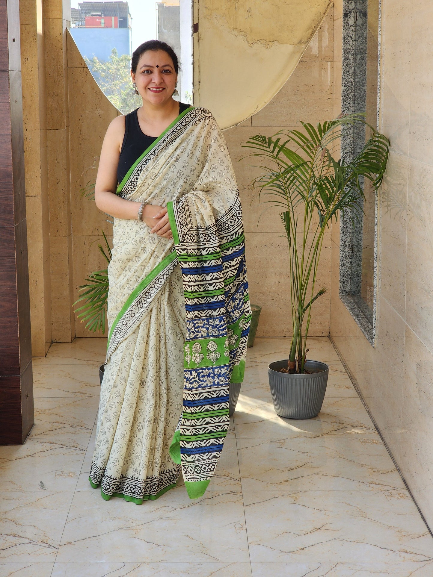 Beige handblock cotton saree