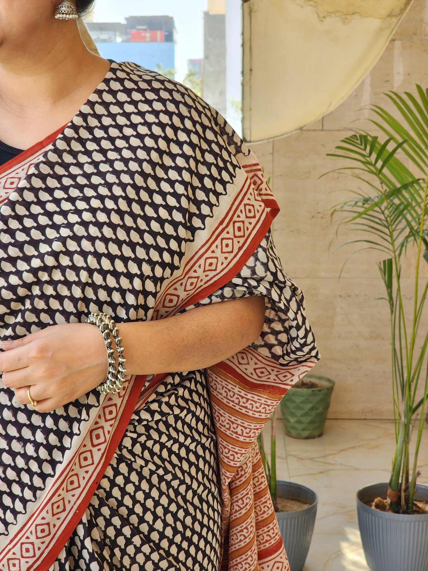 Black handblock cotton saree